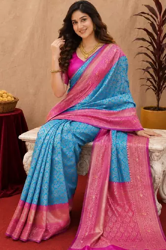 Sky pink art silk blend jacquard motif work saree with unstitched blouse piece