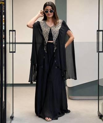 Black star georgette indo-western jacket, blouse & palazzo set 2
