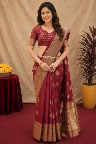 Maroon art silk blend jacquard motif work saree with unstitched blouse piece