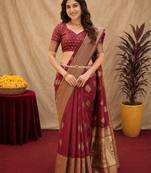 Maroon art silk blend jacquard motif work saree with unstitched blouse piece