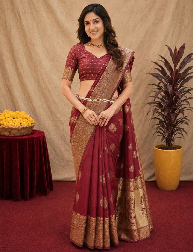 Maroon art silk blend jacquard motif work saree with unstitched blouse piece