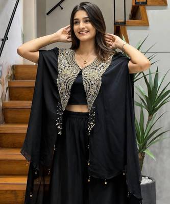 Black star georgette indo-western jacket, blouse & palazzo set 3