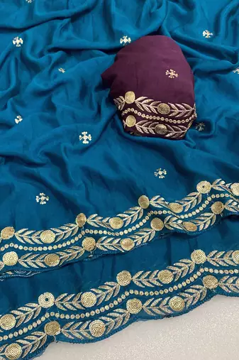 Petrol blue multicolor sequece embroidery work star georgette saree with blouse