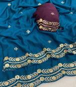 Petrol blue multicolor sequece embroidery work star georgette saree with blouse