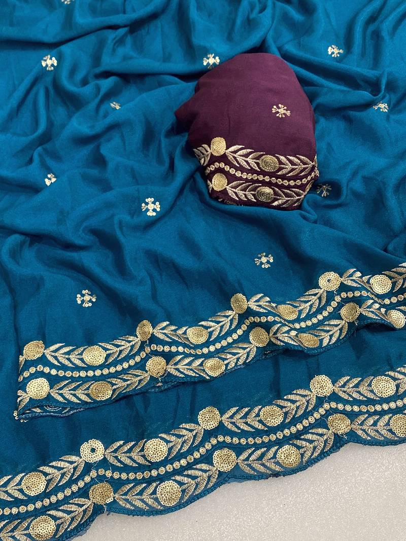Petrol blue multicolor sequece embroidery work star georgette saree with blouse