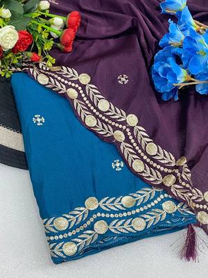 Petrol blue multicolor sequece embroidery work star georgette saree with blouse 2