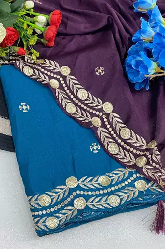 Petrol blue multicolor sequece embroidery work star georgette saree with blouse