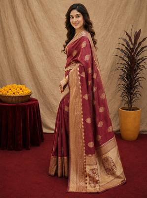 Maroon art silk blend jacquard motif work saree with unstitched blouse piece 2