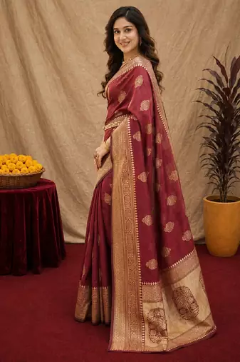 Maroon art silk blend jacquard motif work saree with unstitched blouse piece