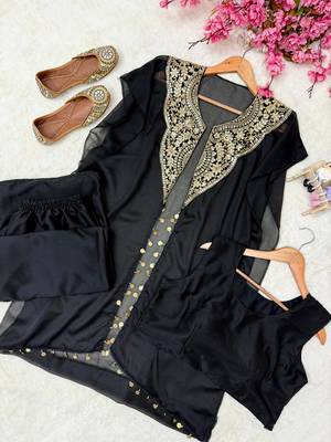 Black star georgette indo-western jacket, blouse & palazzo set 4
