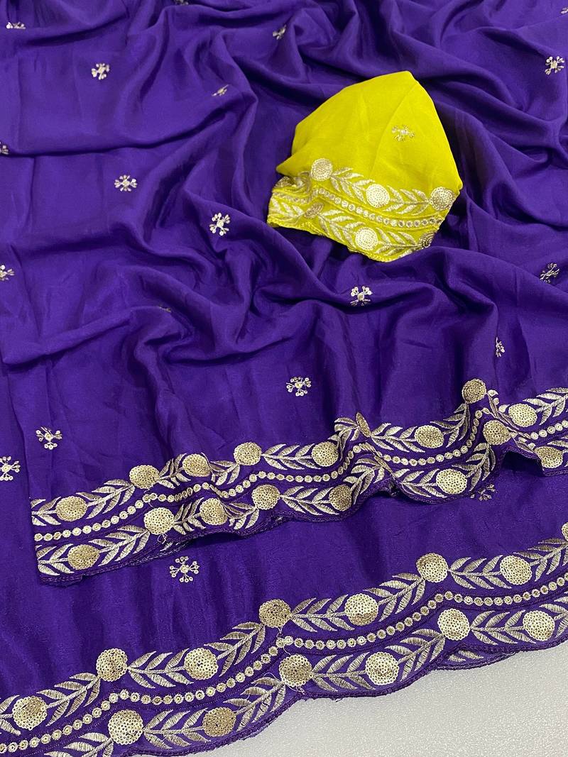 Purple multicolor sequece embroidery work star georgette saree with blouse