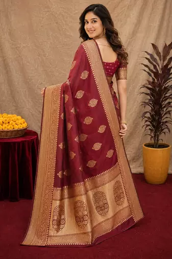 Maroon art silk blend jacquard motif work saree with unstitched blouse piece