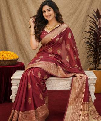 Maroon art silk blend jacquard motif work saree with unstitched blouse piece 4