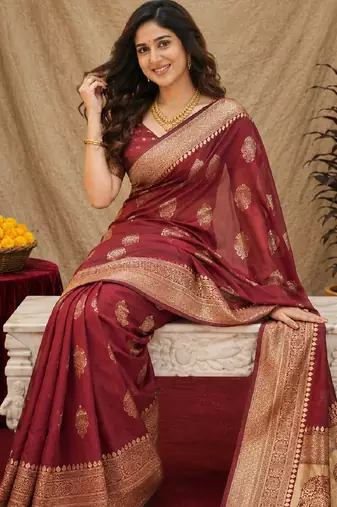 Maroon art silk blend jacquard motif work saree with unstitched blouse piece