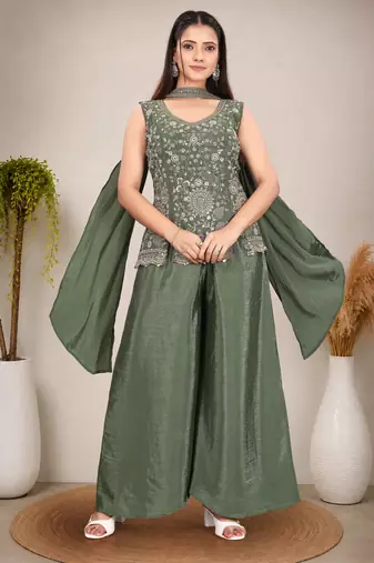 Ethnic Motifs Embroidered Sequinned Scalloped Kurti with Palazzo & Dupatta