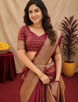 Maroon art silk blend jacquard motif work saree with unstitched blouse piece 5