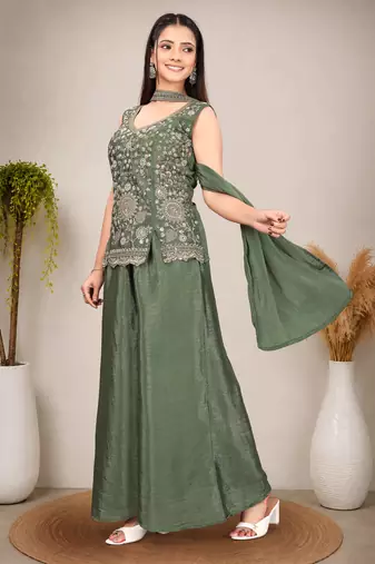 Ethnic Motifs Embroidered Sequinned Scalloped Kurti with Palazzo & Dupatta