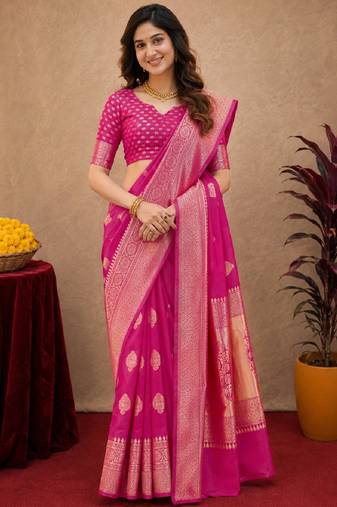 Pink art silk blend jacquard motif work saree with unstitched blouse piece