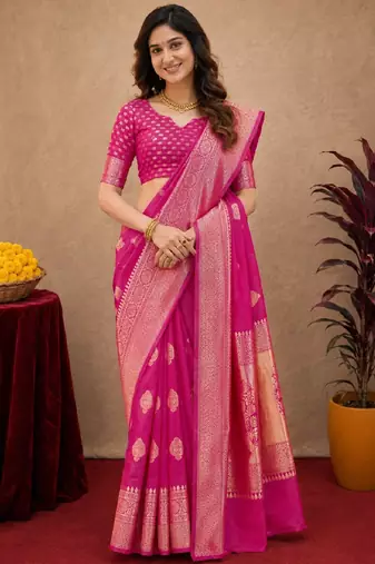 Pink art silk blend jacquard motif work saree with unstitched blouse piece