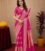 Pink art silk blend jacquard motif work saree with unstitched blouse piece