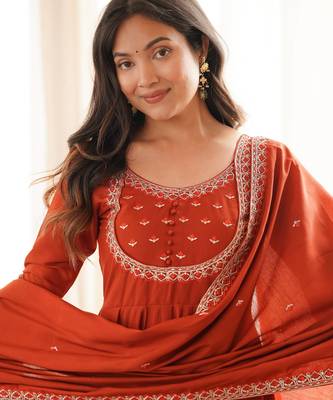 Orange roman chanderi silk blend 16 kali flared anarkali suit 3