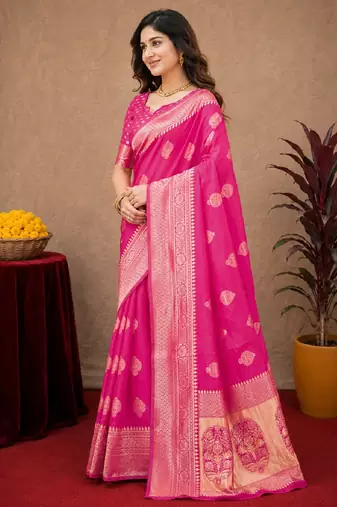 Pink art silk blend jacquard motif work saree with unstitched blouse piece