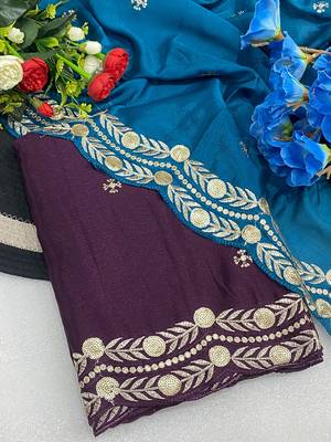 Wine multicolor sequece embroidery work star georgette saree with blouse 2
