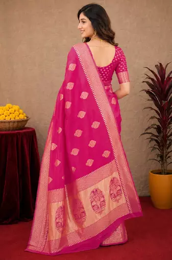 Pink art silk blend jacquard motif work saree with unstitched blouse piece