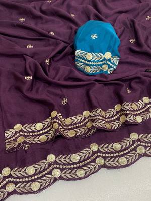 Wine multicolor sequece embroidery work star georgette saree with blouse 3
