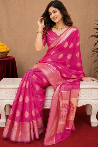 Pink art silk blend jacquard motif work saree with unstitched blouse piece