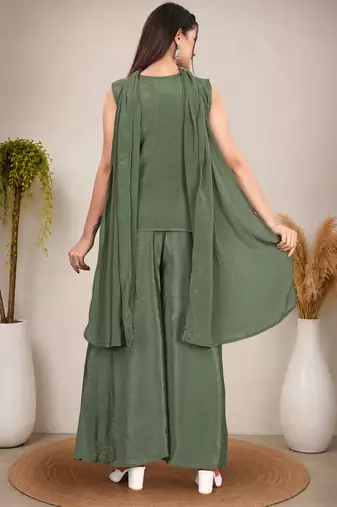 Ethnic Motifs Embroidered Sequinned Scalloped Kurti with Palazzo & Dupatta