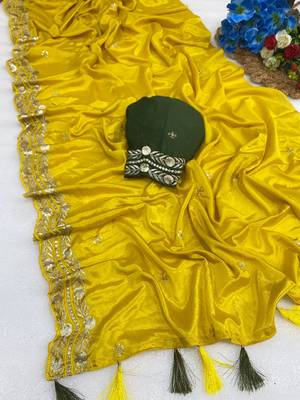 Yellow multicolor sequece embroidery work star georgette saree with blouse 1