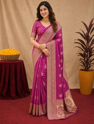 Wine art silk blend jacquard motif work saree with unstitched blouse piece 1