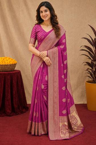Wine art silk blend jacquard motif work saree with unstitched blouse piece