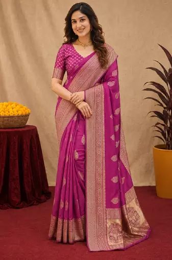Wine art silk blend jacquard motif work saree with unstitched blouse piece