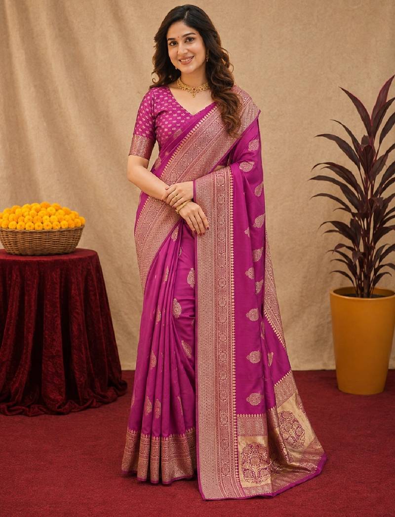 Wine art silk blend jacquard motif work saree with unstitched blouse piece