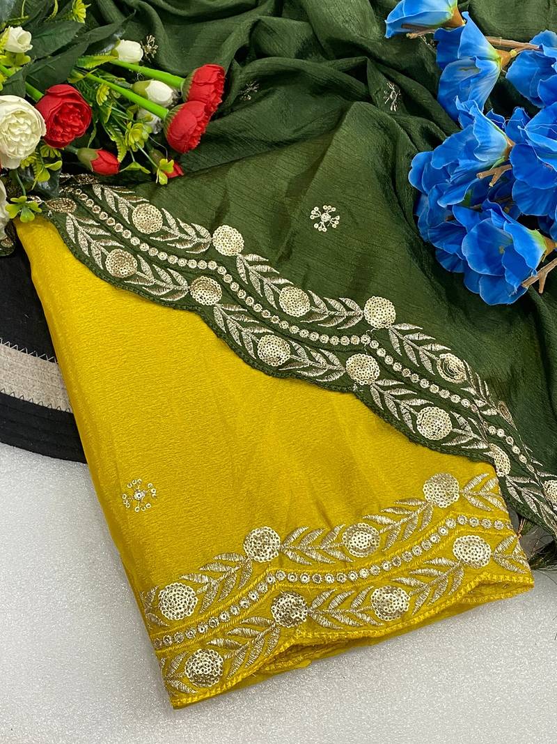 Yellow multicolor sequece embroidery work star georgette saree with blouse