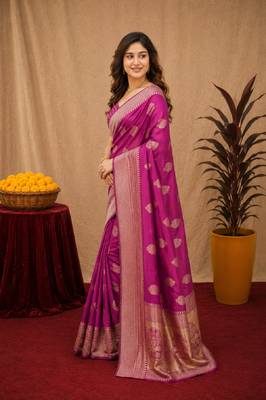 Wine art silk blend jacquard motif work saree with unstitched blouse piece 2