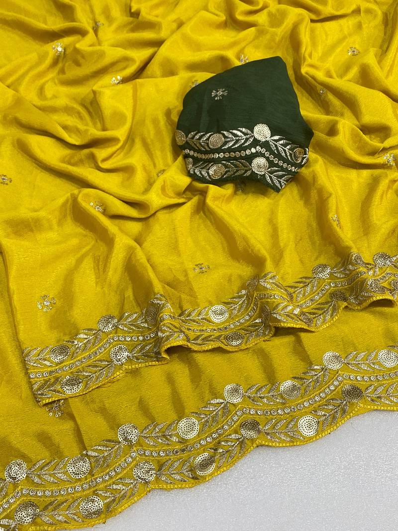 Yellow multicolor sequece embroidery work star georgette saree with blouse