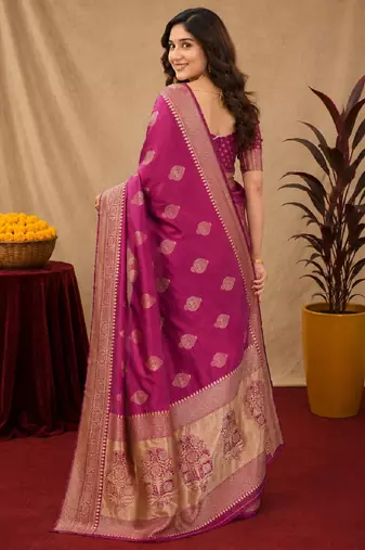 Wine art silk blend jacquard motif work saree with unstitched blouse piece