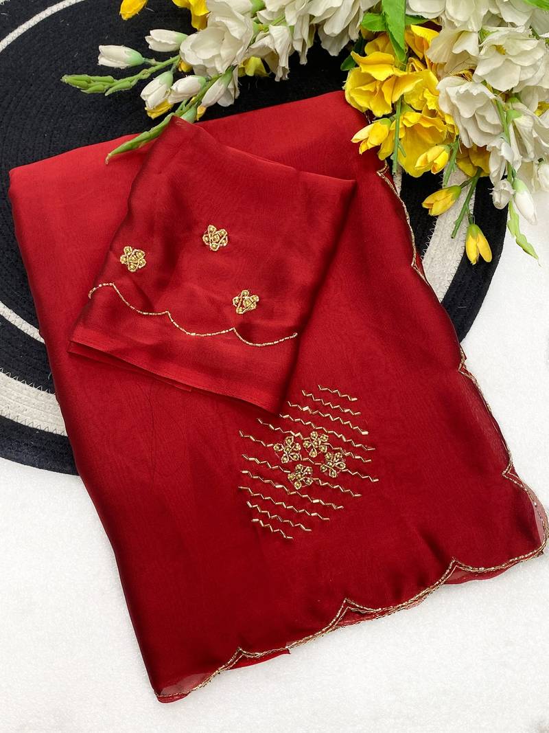 Maroon handwork rangoli saree with blouse