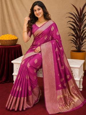 Wine art silk blend jacquard motif work saree with unstitched blouse piece 4