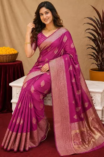 Wine art silk blend jacquard motif work saree with unstitched blouse piece