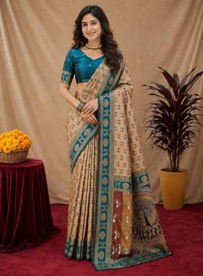 Beige art silk blend jacquard motif work saree with unstitched blouse piece 1
