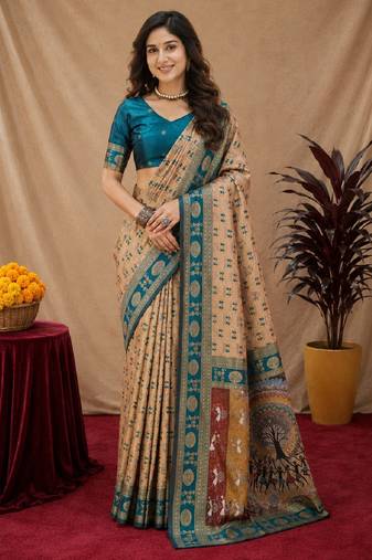 Beige art silk blend jacquard motif work saree with unstitched blouse piece