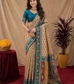 Beige art silk blend jacquard motif work saree with unstitched blouse piece