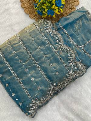 Firozi beads embroidery work fendy satin saree with blouse 1