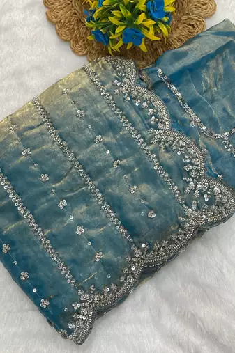 Firozi beads embroidery work fendy satin saree with blouse