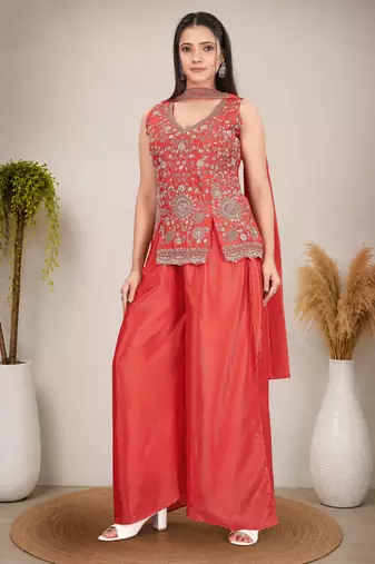 Ethnic Motifs Embroidered Sequinned Scalloped Kurti with Palazzo & Dupatta