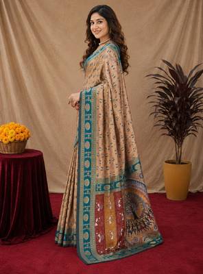 Beige art silk blend jacquard motif work saree with unstitched blouse piece 2